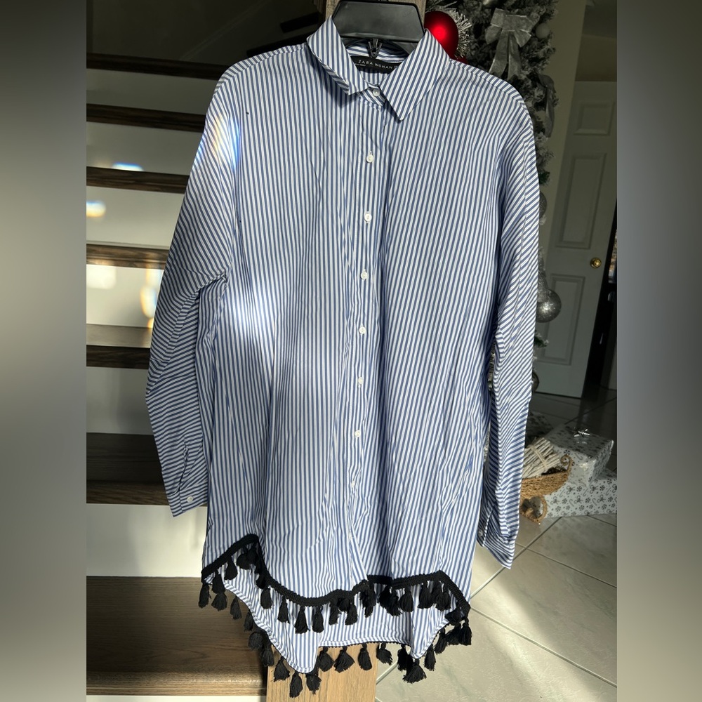 Zara Woman Blue & White Striped Button-Down Shirt w/ Black Tassel Hem – Size XS